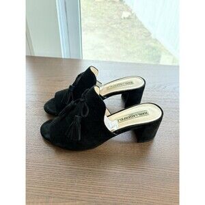 Karl Lagerfeld Paris Black Suede Tassel Mules Slides Block Heel Sandals Size 7.5